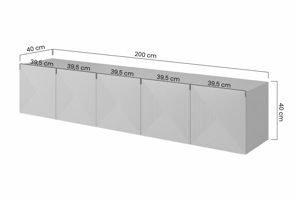 Závěsná TV skříňka Asha&nbsp;200 cm s&nbsp;drážkovaným čelem - černý mat