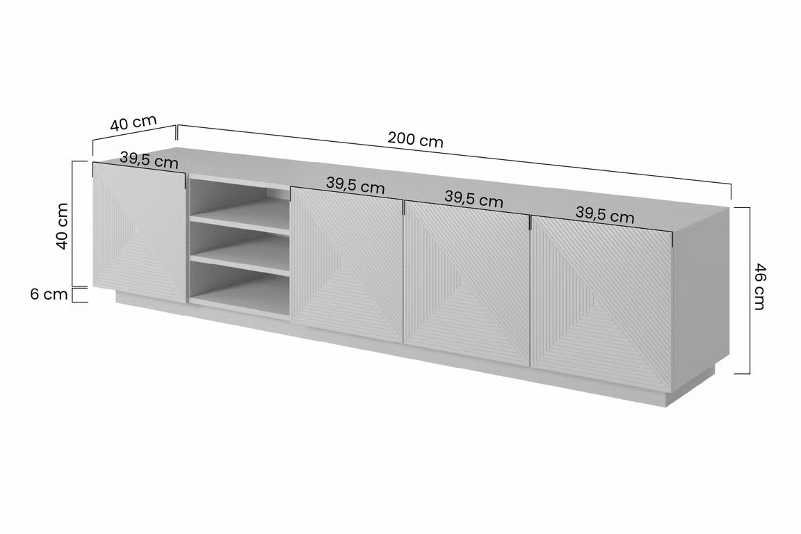 TV stolek Asha 200 cm s drážkovanými dvířky a výklenkem - černý mat