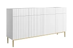 Čtyřdveřová komoda Nicole 200 cm se zásuvkami s ryhovaným čelem  - Bílá / Zlaté nohy