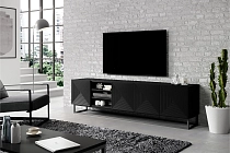 TV stolek Asha 200 cm s rýhovaným čelem a výklenkem - černý mat / kovový rám - Furnipol 