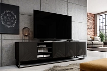 TV stolek Asha 200 cm s rýhovaným čelem a výklenkem - černý mat / kovový rám - Furnipol 