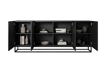 Moderní komoda Asha 200 cm čtyřdveřová - černý mat / černý rám