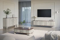 Komoda VESPER 160 cm kašmír / ořech – černé úchytky, kulové nohy | furnipol.cz