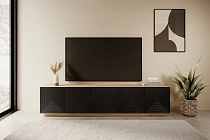 TV stolek Asha 200 cm pětidveřový s drážkovanými čely - artisan / černý mat