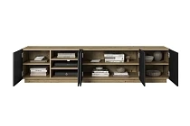 TV stolek Asha 200 cm pětidveřový s drážkovanými čely - artisan / černý mat