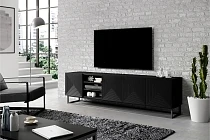 TV stolek Asha 200 cm s rýhovaným čelem a výklenkem - černý mat / kovový rám - Furnipol 
