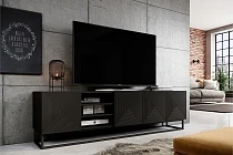 TV stolek Asha 200 cm s rýhovaným čelem a výklenkem - černý mat / kovový rám - Furnipol 