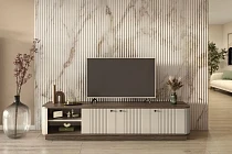 TV stolek Vesper 3D 187 cm na soklu - kašmír / ořech / černé úchyty