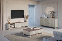 Moderní TV skříňka Vesper 187 cm třídveřová - kašmír / ořech / zlaté úchyty / kulaté nohy