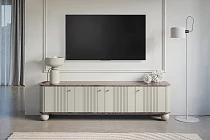 TV stolek Vesper 4D 187 cm - kašmírový / dekor ořech / zlaté úchytky / kulaté kašmírové nožky