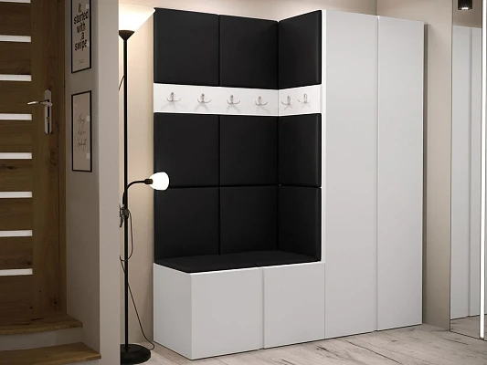 Předsíňová stěna ORION III s botníkem a čalouněnými panely Bílá - Soft 11 ekokůže černá