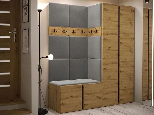 Předsíňová stěna ORION III s botníkem a čalouněnými panely DUB - ocelově šedá