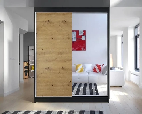 Šatní skříně s posuvnými dveřmi CAMINO 1 150 se zrcadlem černá / dub artisan