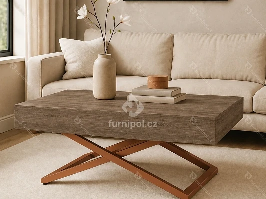 Konferenční stolek SANNA U G rozkládací zvedací měděný / Truffle Brown Davos Oak