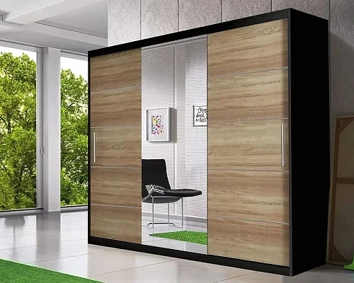 Šatní skříň třídveřová se zrcadlem ASTRA 233x218 černá / sonoma 