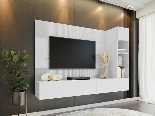 Obývací stěna DEROMI II - Bílá / bílý mramor