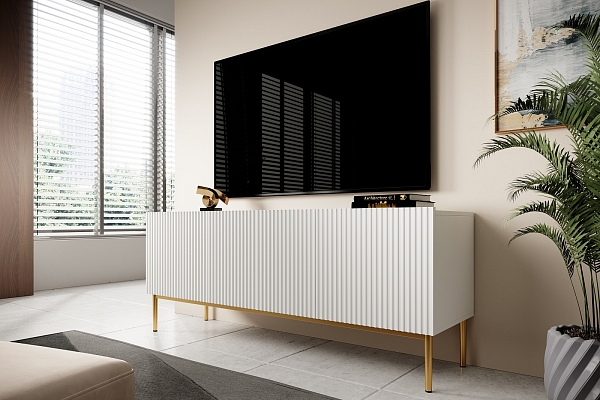 Moderní komoda Nicole 200 cm čtyřdveřová s ryhovaným čelem  - Bílý / zlaté nožky