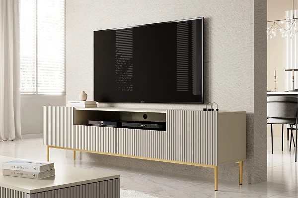 TV stolek Nicole 200 cm s výklenkem a zásuvkami - kašmír / zlaté nožky