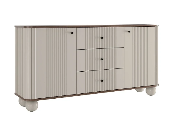 Komoda Vesper 160 cm se zásuvkami na kulových nohách - kašmír / ořech / černé úchyty