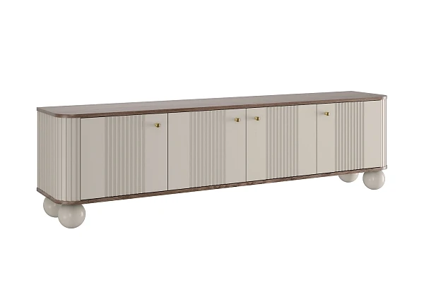 TV stolek Vesper 4D 187 cm - kašmírový / dekor ořech / zlaté úchytky / kulaté kašmírové nožky