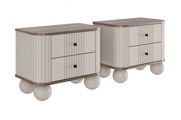 Set nočních stolků Vesper 56 cm - kašmírová / ořech / černé úchytky / kulaté kašmírové nohy