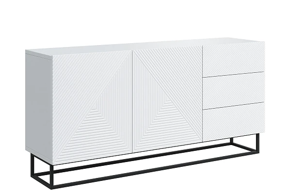 Moderní komoda Asha 167 cm dvoudveřová s šuplíky - bílý mat / černý rám