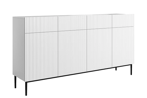 Moderní čtyřdveřová komoda Nicole 200 cm se zásuvkami s rýhovaným čelem - bílý mat / černé nohy