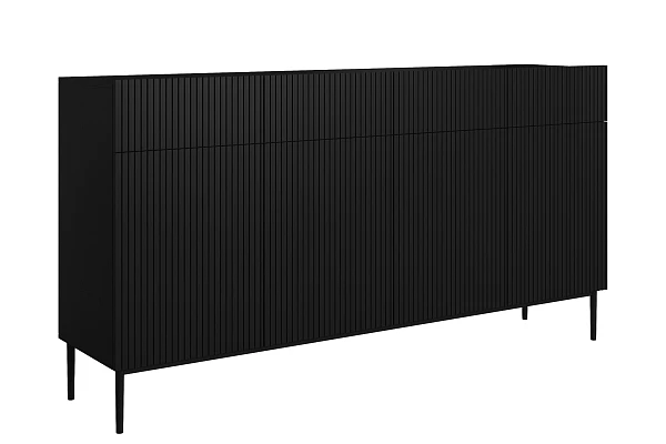 Čtyřdveřová komoda Nicole 200 cm se zásuvkami s ryhovaným čelem - černý mat / černé nohy
