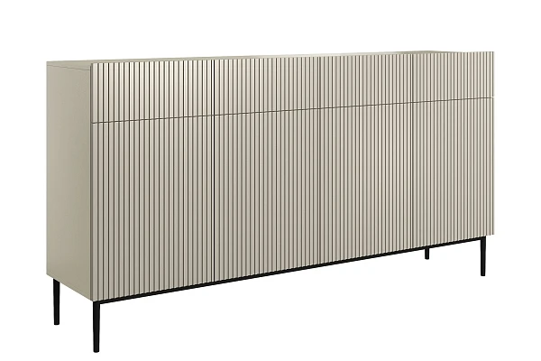 Moderní komoda Nicole 200 cm čtyřdveřová se zásuvkami s ryhovaným čelem - kašmír / černé nohy