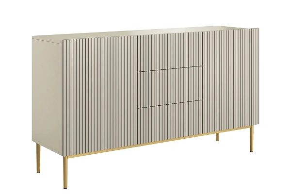Moderní komoda Nicole 150 cm s šuplíky a ryhovaným čelem - kašmír / zlaté nožky