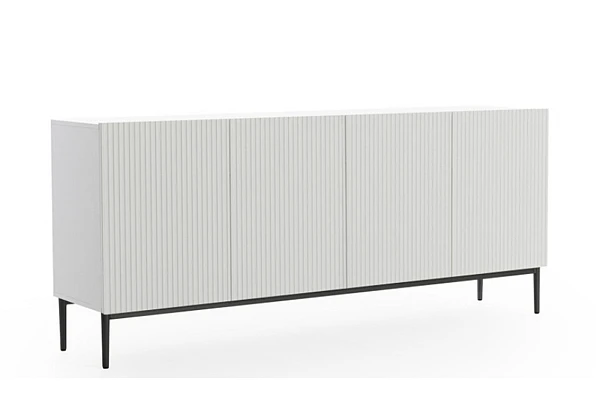 Moderní komoda Nicole 200 cm se čtyřmi dveřmi a ryhovaným čelem - bílý mat / černé nohy