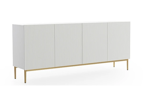 Moderní komoda Nicole 200 cm čtyřdveřová s ryhovaným čelem - bílý mat / zlaté nožky