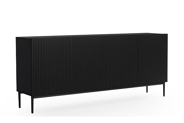 Moderní komoda Nicole 200 cm čtyřdveřová s ryhovaným čelem - černá matná / černé nohy