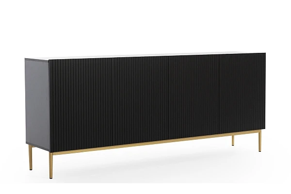Moderní komoda Nicole 200 cm čtyřdveřová s ryhovaným čelem - černý mat / zlaté nohy