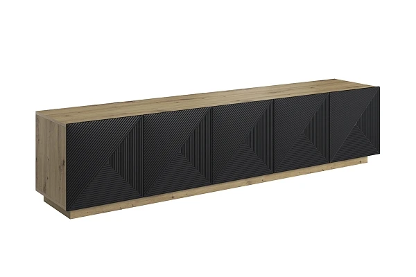 TV stolek Asha 200 cm pětidveřový s drážkovanými čely - artisan / černý mat