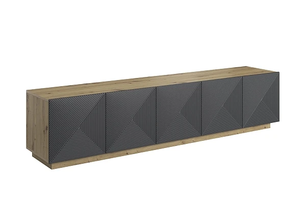 TV stolek Asha 200 cm pětidveřový s rýhovaným čelem - dub artisan / rivier stone mat