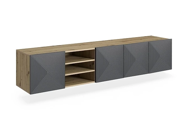 Závěsná TV skříňka Asha 200 cm s drážkovaným čelem a výklenkem - dub artisan / rivier stone mat