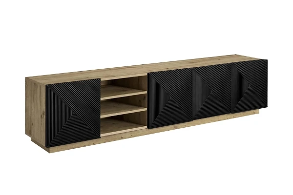 TV stolek Asha 200 cm s drážkovanými dvířky a výklenkem - artisan / černý mat