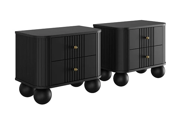 Set nočních stolků Vesper 56 cm - černá / zlaté úchytky / kulaté černé nohy