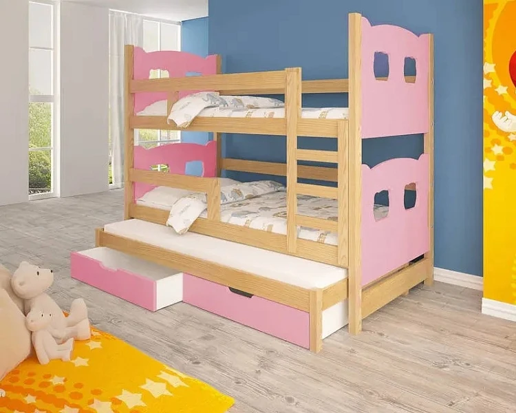 Dětská patrová postel s přistýlkou OLI 4A 80x190 růžová