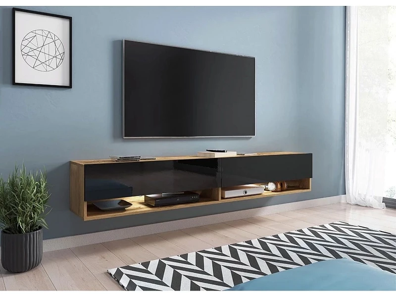 Závěsný TV stolek ADENIK 180cm s LED osvětlením černý lesk