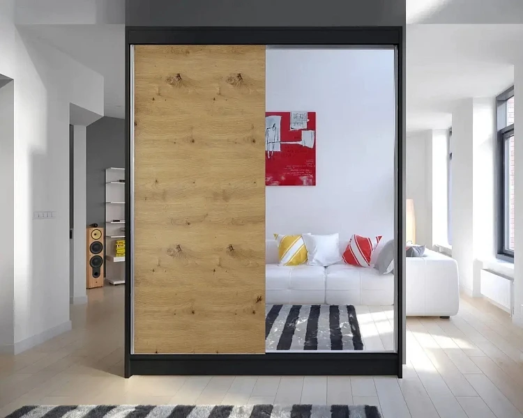 Šatní skříně s posuvnými dveřmi CAMINO 1 150 se zrcadlem černá / dub artisan