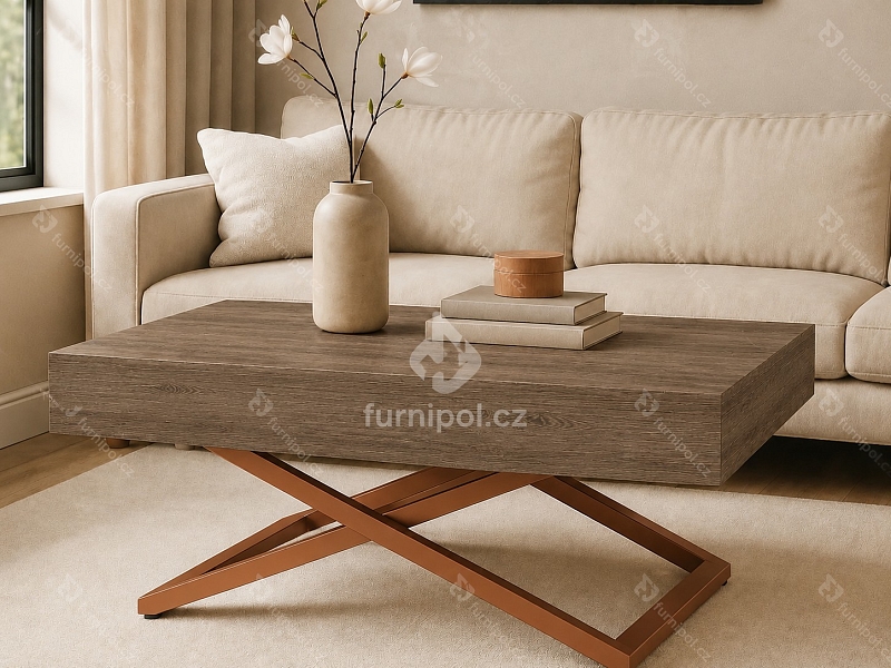 Konferenční stolek SANNA U G rozkládací zvedací měděný / Truffle Brown Davos Oak