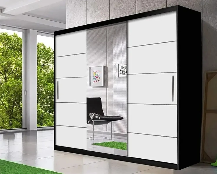 Šatní skříň třídveřová se zrcadlem ASTRA 233x218 černá / bílá 