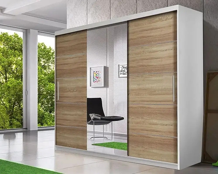 Šatní skříň třídveřová se zrcadlem ASTRA 233x218 bílá / sonoma 