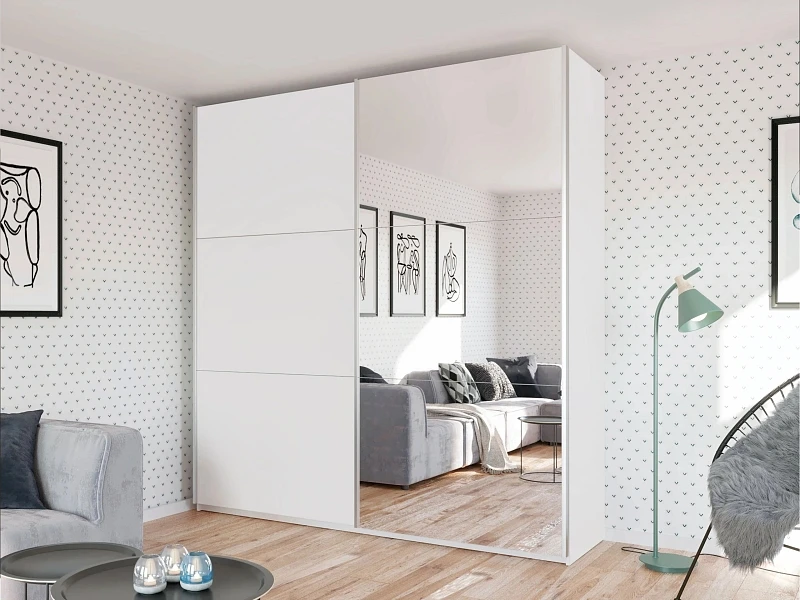 Šatní skříň RODOS 225 s posuvnými dveřmi a zrcadlem - Bílá