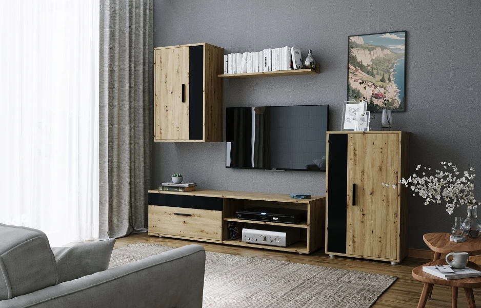 Obývacia stena BENSON, 4 diely, dub artisan / čierna