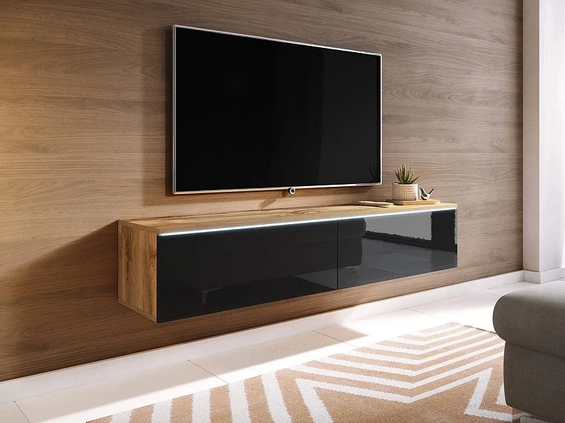 TV stolek D 140 - variabilní pro zavěšení i postavení - Dub wotan / černá lesklá