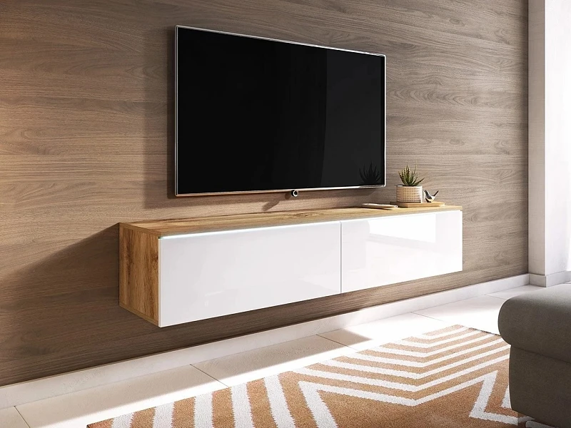 TV stolek D 140 - variabilní pro zavěšení i postavení - Dub Wotan / biely lesk