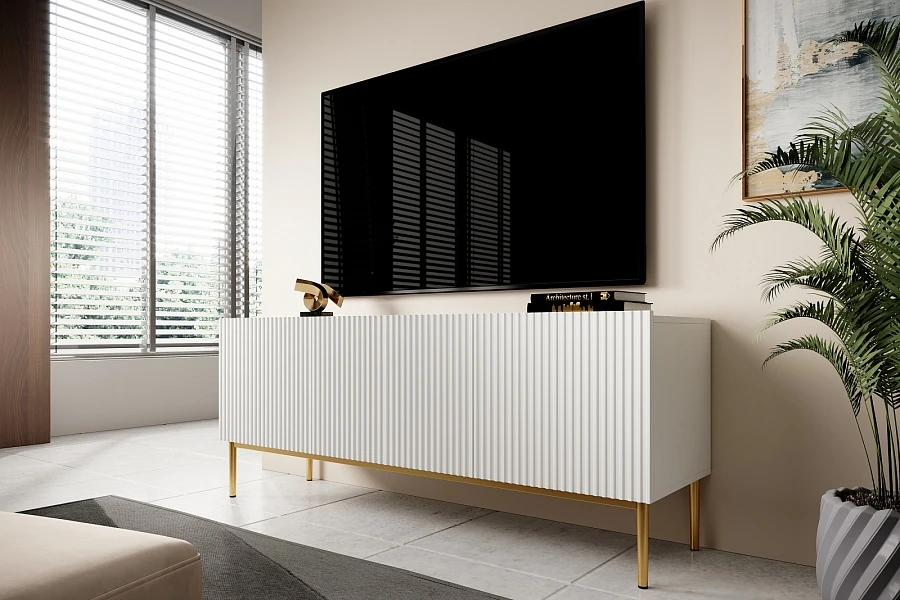 Moderní komoda Nicole 200 cm čtyřdveřová s ryhovaným čelem  - Bílý / zlaté nožky